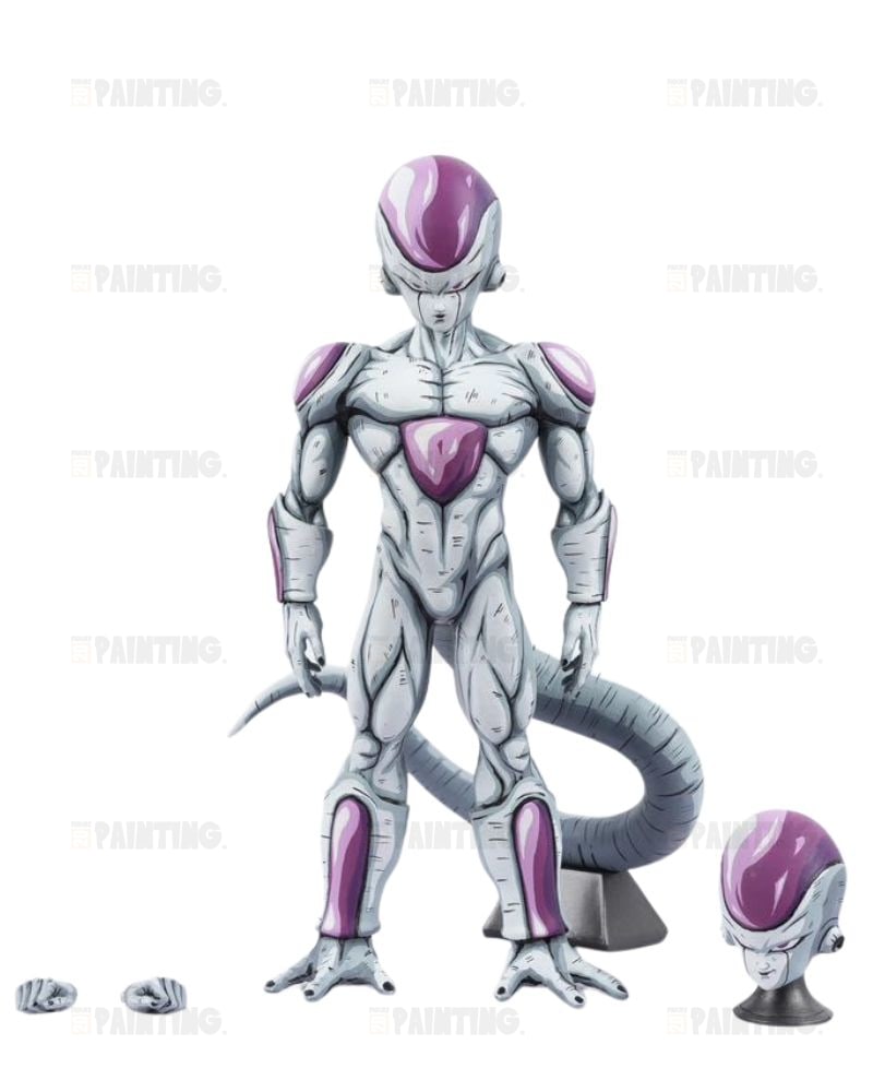 Dragon Ball figure of Frieza with a long tail, silver and purple armor, shown standing on a white background with interchangeable hands and an alternate head.