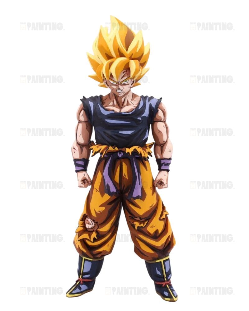 An anime-style full-body character wearing a torn blue and orange outfit with spiky yellow hair, standing against a plain white background.