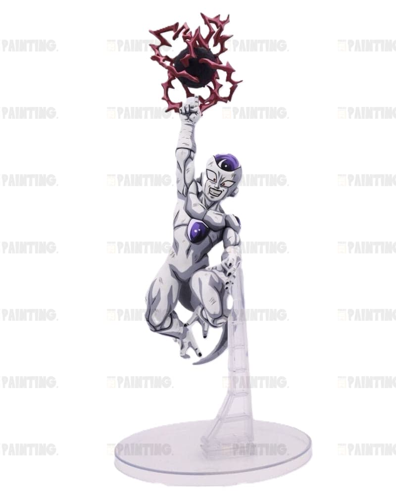 A collectible action figure of Frieza from Dragon Ball Z on a clear plastic display stand, holding a dark red energy ball. The figure is primarily metallic silver with purple accents on its chest and head, set against a plain white background.
