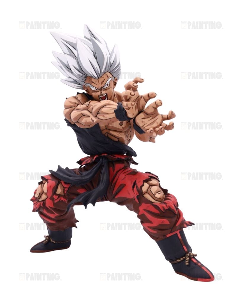 A collectible action figure of Goku in a Super Saiyan form, posed in a dynamic fighting stance with his hands forward. He features spiky white hair, a torn black top, and torn red pants, set against a plain white background.