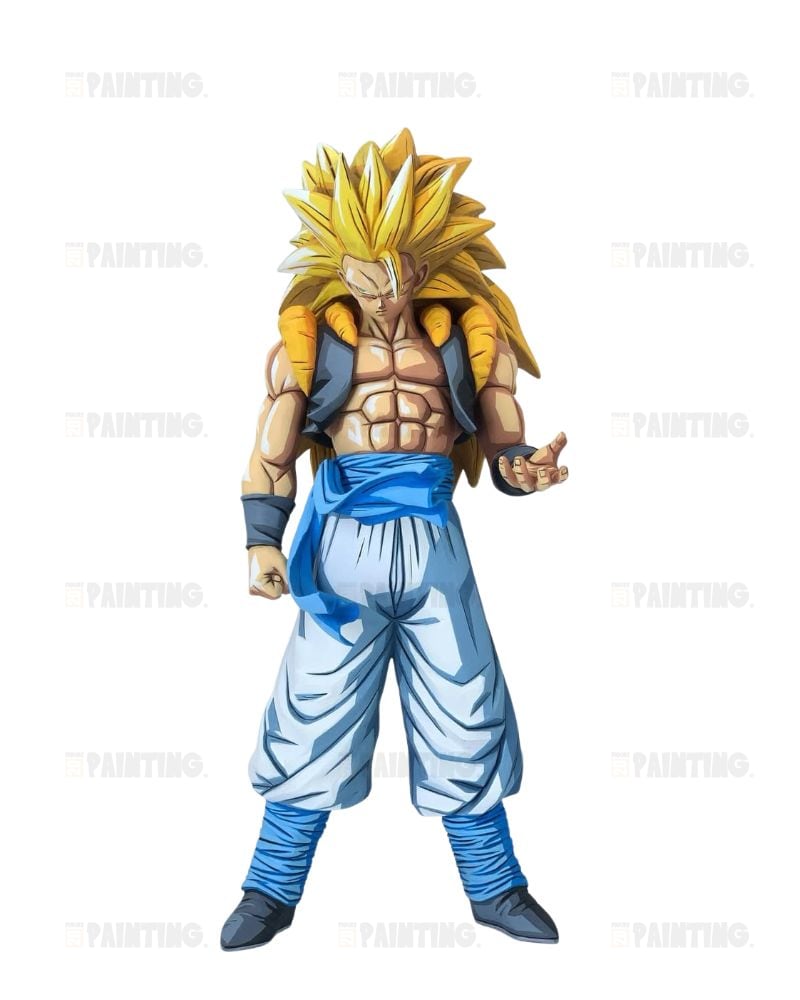 An anime-style character figure of a muscular male warrior with spiky yellow hair, wearing a torn yellow jacket, light blue pants, and a blue sash, shown against a plain white background.