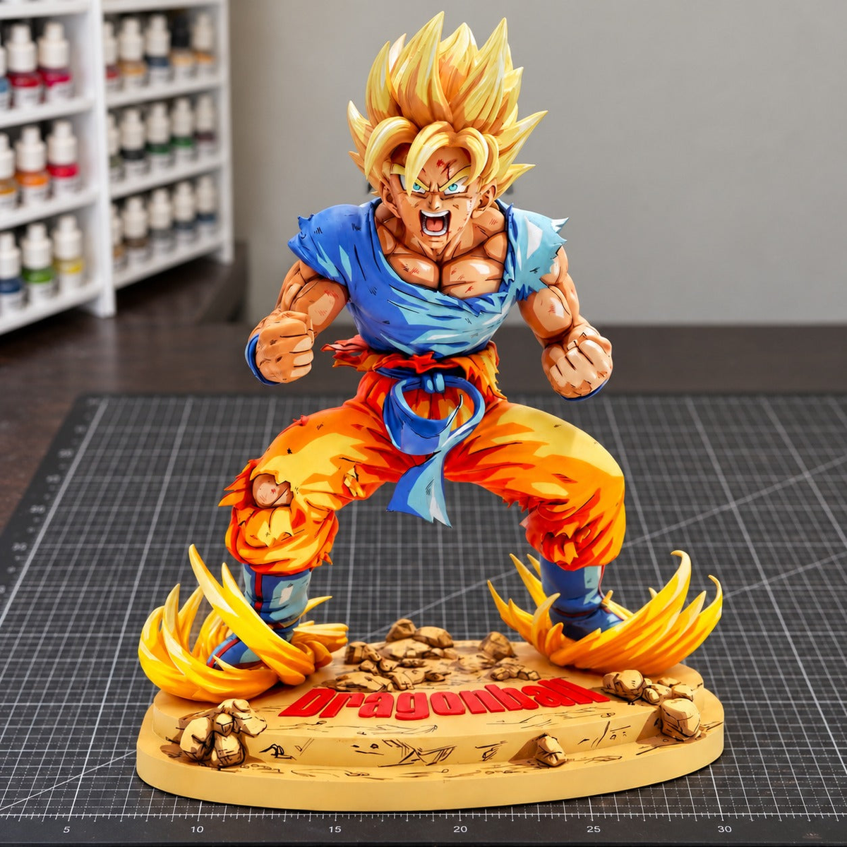 Dragon Ball Kai Super Saiyan Son Goku Figure Repaint — painted figure in a miniature painting workshop