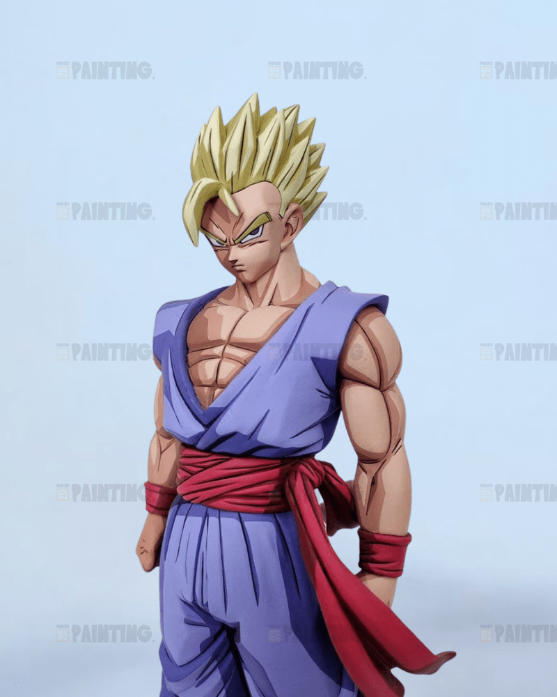 Action figure with spiky blonde hair and muscular build against a light blue background