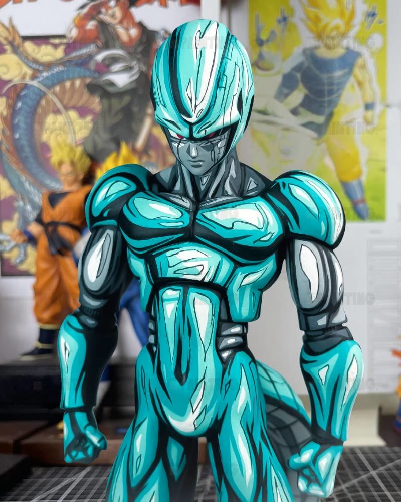 A stylized, digitally illustrated armored character figure in bright cyan and teal with black and gray details, standing in a room with Dragon Ball posters and figurines in the background.