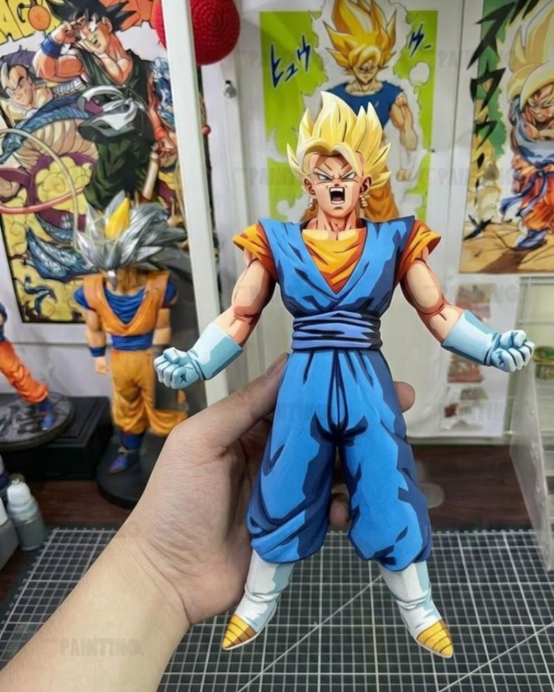 A hand holds a detailed anime action figure of Goku in a Super Saiyan outfit, with Dragon Ball Z posters and another figure in the background.