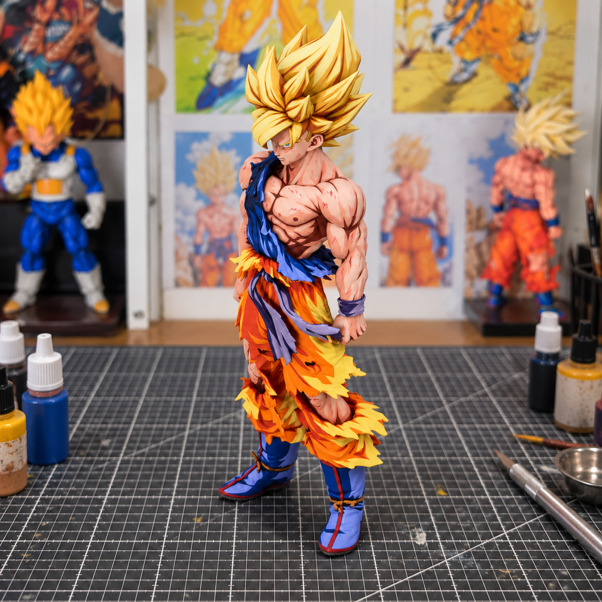 Hand-painted Goku SSJ figure — workshop setting