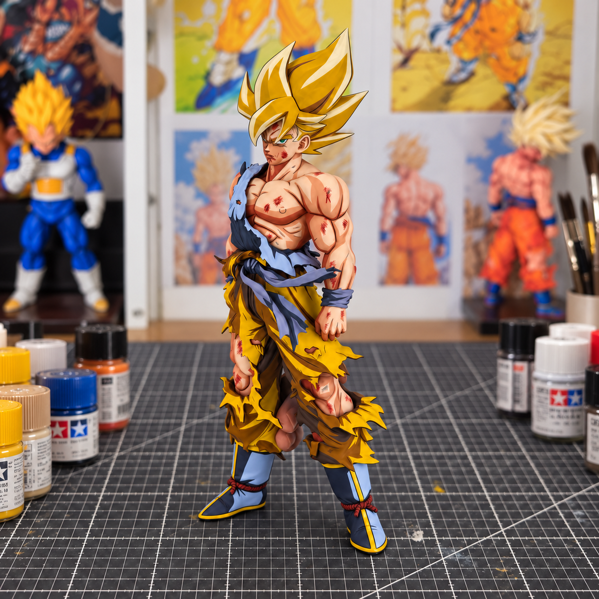 Hand-painted Namek Goku figure — workshop setting