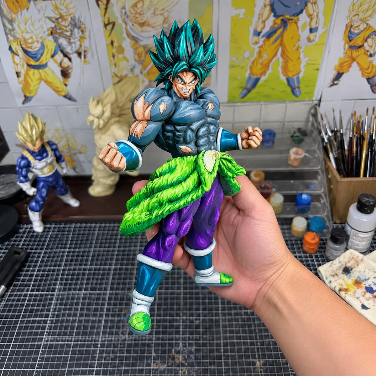 Dragon Ball Super Broly Super Hero Figure Repaint — original painted finish in a miniature painting workshop