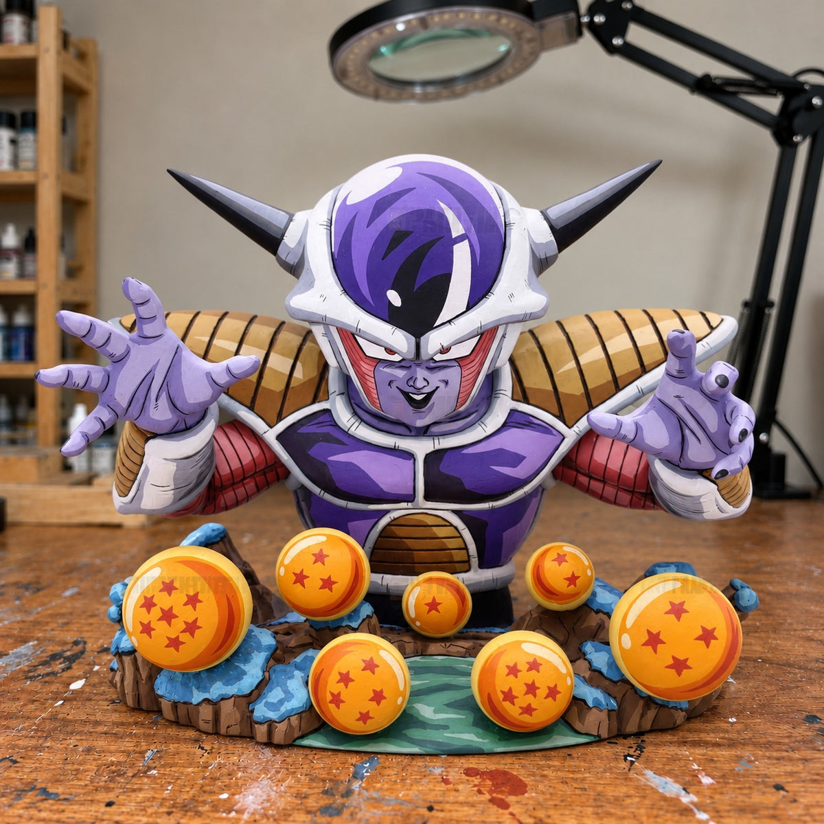 Dragon Ball Frieza Diorama Figure Repaint — painted figure in a miniature painting workshop