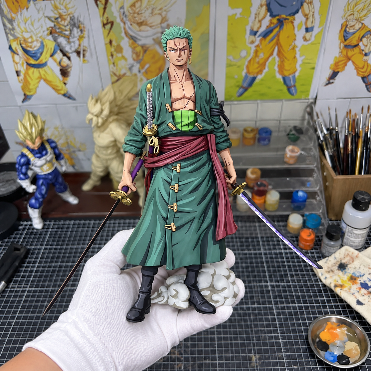 One Piece Premium Roronoa Zoro Figure Repaint — painted figure in a miniature painting workshop