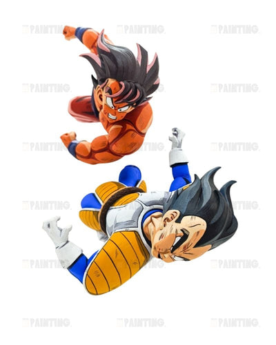 Two anime-style action figures of Dragon Ball characters floating against a plain white background, one in an orange gi and one in a blue and white gi with a yellow shell.