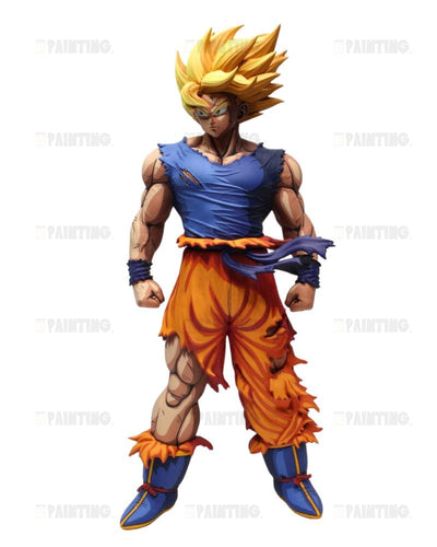 A full-body anime-style character figure wearing a torn blue top, orange pants, and blue boots with spiky blond hair, isolated on a white background.