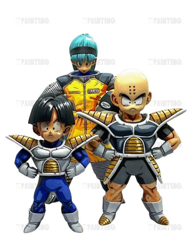 Three Dragon Ball Z action figure characters standing together on a plain white background: a blue-haired warrior, a bald warrior with a scar, and a warrior in a yellow and black uniform behind them.