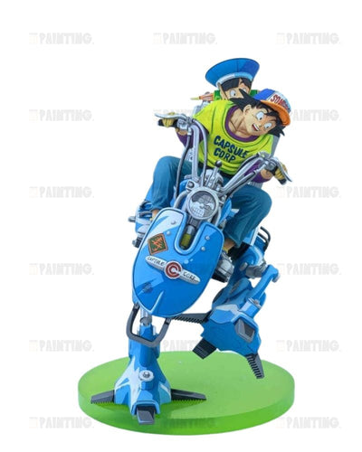 A collectible figurine of the anime characters Nappa and Carrot Top riding a blue motorcycle on a green circular base, set against a plain white background.