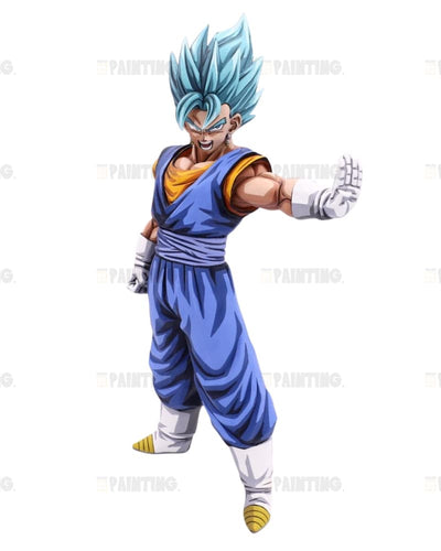 An anime-style character cutout on a plain white background, wearing a blue and orange martial arts outfit with white gloves and yellow accents. The character has spiky light blue hair and is posed with one arm extended forward.