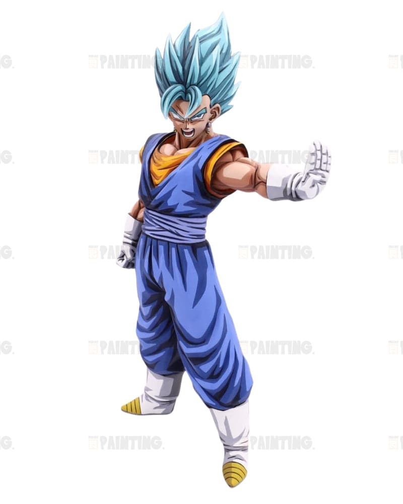 An anime-style character cutout on a plain white background, wearing a blue and orange martial arts outfit with white gloves and yellow accents. The character has spiky light blue hair and is posed with one arm extended forward.