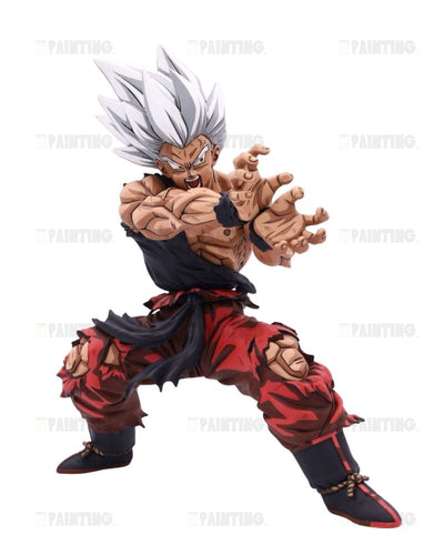 A collectible action figure of Goku in a Super Saiyan form, posed in a dynamic fighting stance with his hands forward. He features spiky white hair, a torn black top, and torn red pants, set against a plain white background.