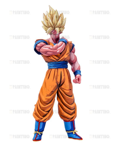 An anime-style character figure of Goku in his Super Saiyan form, wearing his classic orange gi with blue sash and boots, standing against a plain white background.