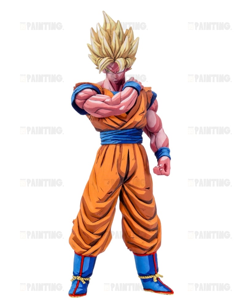 An anime-style character figure of Goku in his Super Saiyan form, wearing his classic orange gi with blue sash and boots, standing against a plain white background.