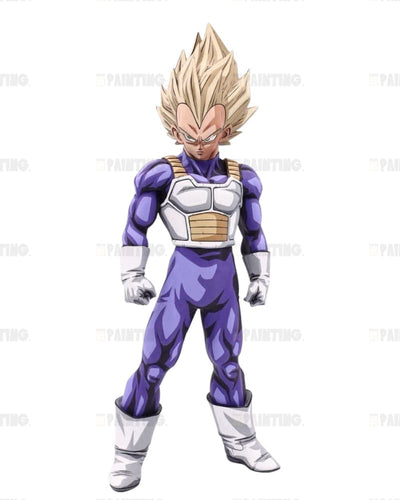 An anime-style character figure of Vegeta in a purple and white Saiyan armor with spiky blond hair, shown standing against a plain white background.