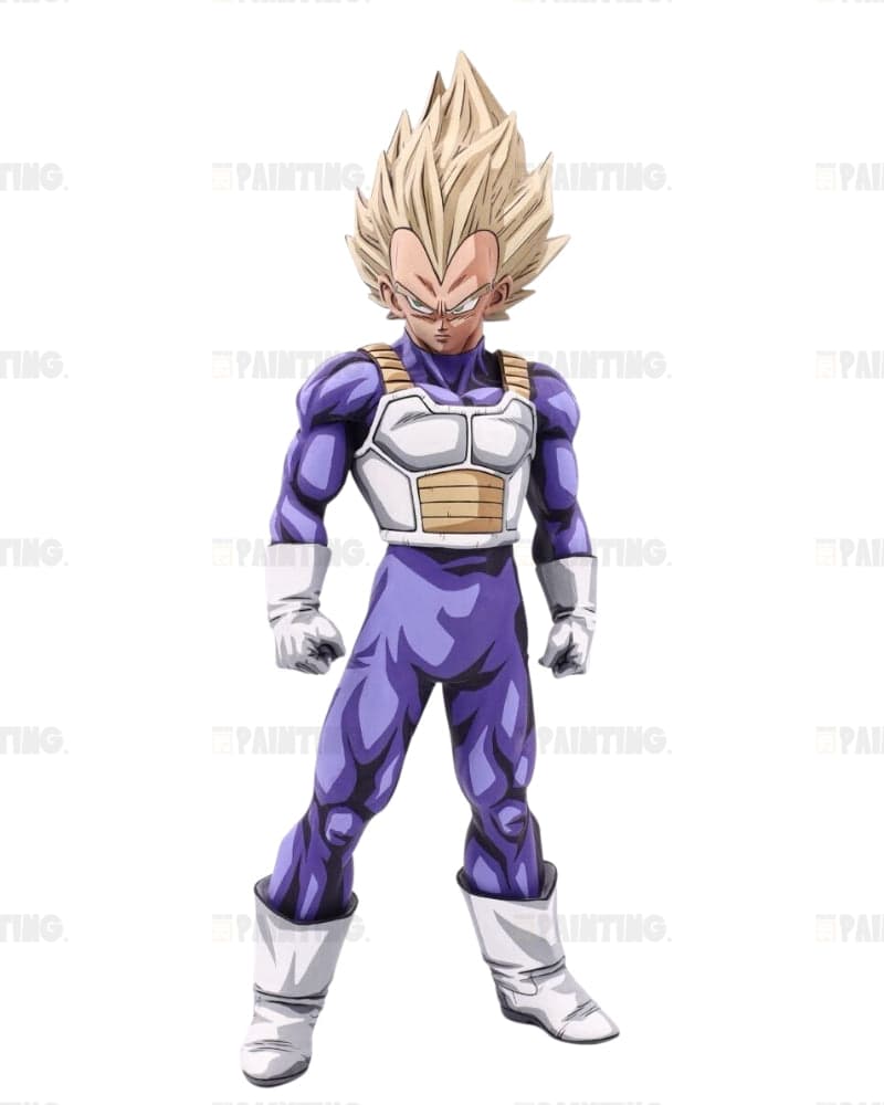 An anime-style character figure of Vegeta in a purple and white Saiyan armor with spiky blond hair, shown standing against a plain white background.