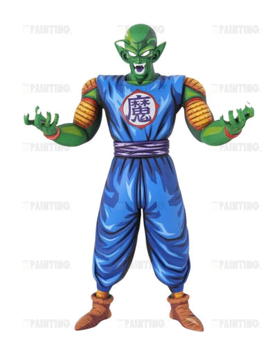 A collectible action figure of Piccolo from Dragon Ball Z, standing with arms outstretched. He has green skin, a blue gi with a purple sash and chest emblem, and orange/yellow striped arm bands, set against a plain white background.