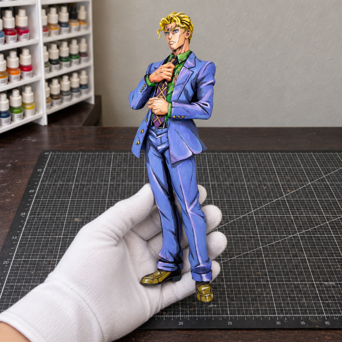 JoJo's Bizarre Adventure Kira Yoshikage Figure Repaint — painted figure in a miniature painting workshop