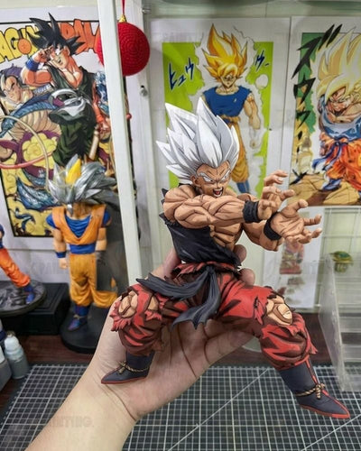 A hand holds a detailed anime figurine of Goku in a fighting pose, with Dragon Ball Z posters and another Goku statue in the background.