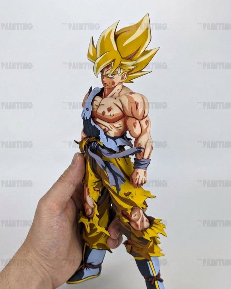A hand holding a detailed anime figurine of Goku in a Super Saiyan form, featuring spiky yellow hair, torn yellow gi pants, and blue sash details, set against a plain white background.