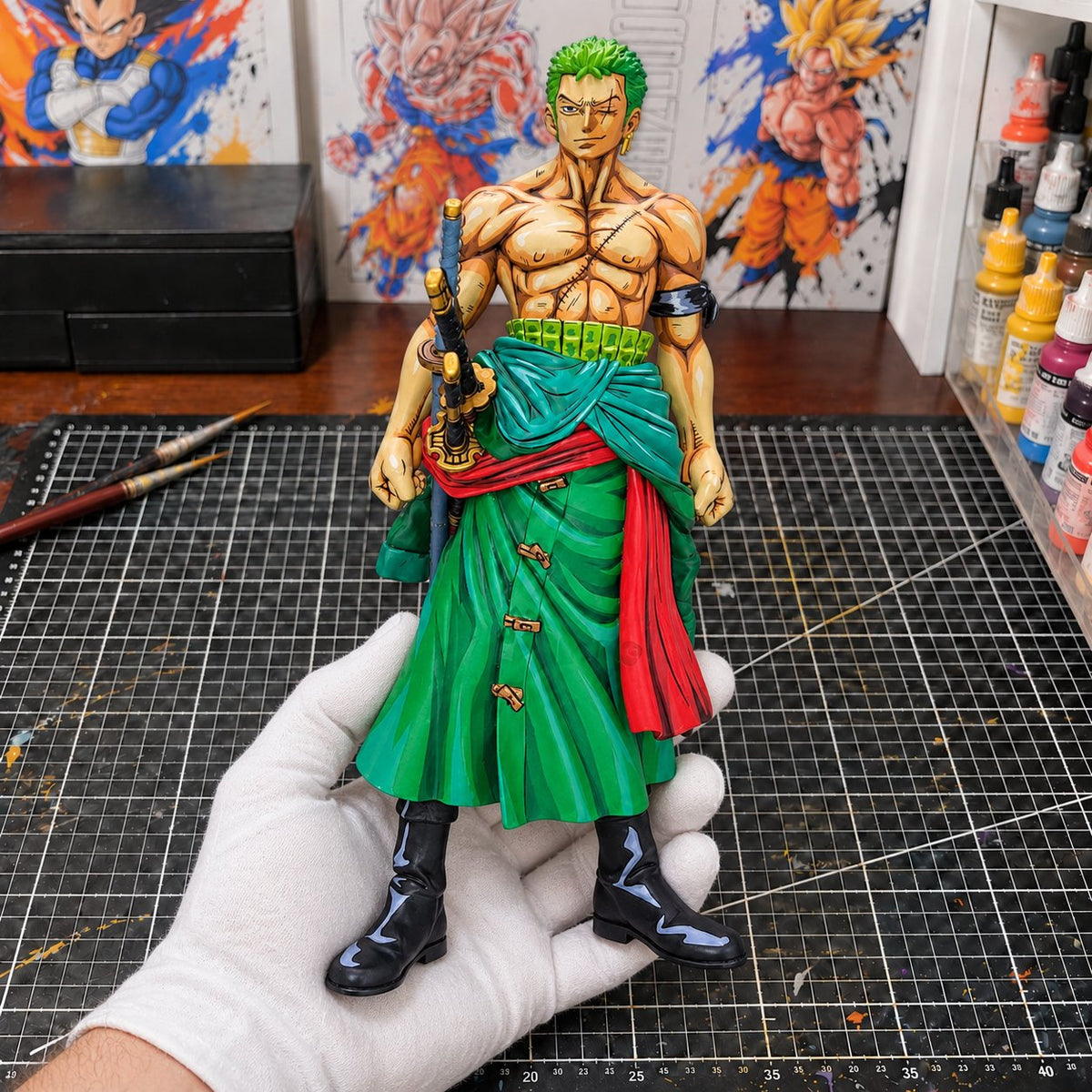 One Piece Roronoa Zoro Figure Repaint — painted figure in a miniature painting workshop