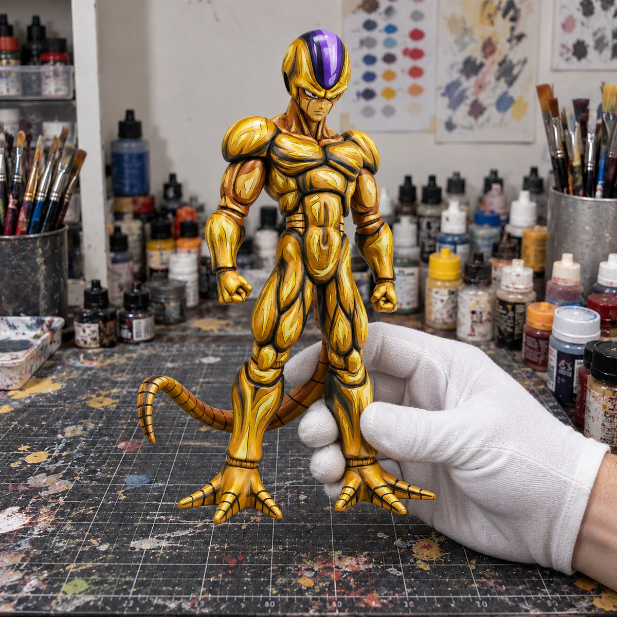 Hand-Painted Dragon Ball Metal Cooler Golden Colourway Figure Repaint — workshop view
