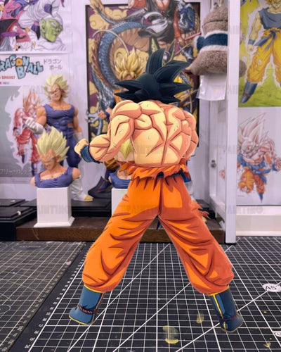 A Dragon Ball figure of Goku from behind, showcasing his detailed muscular back and orange gi, standing on a gridded cutting mat in a collector's room with Dragon Ball posters in the background.
