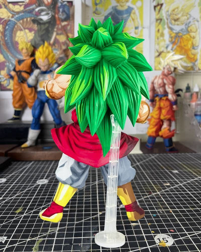 A Dragon Ball Z anime figure with a large green spiky hair style, wearing a red top, gray pants, and yellow boots, standing on a clear display stand on a gridded cutting mat with other collectible figures in the background.