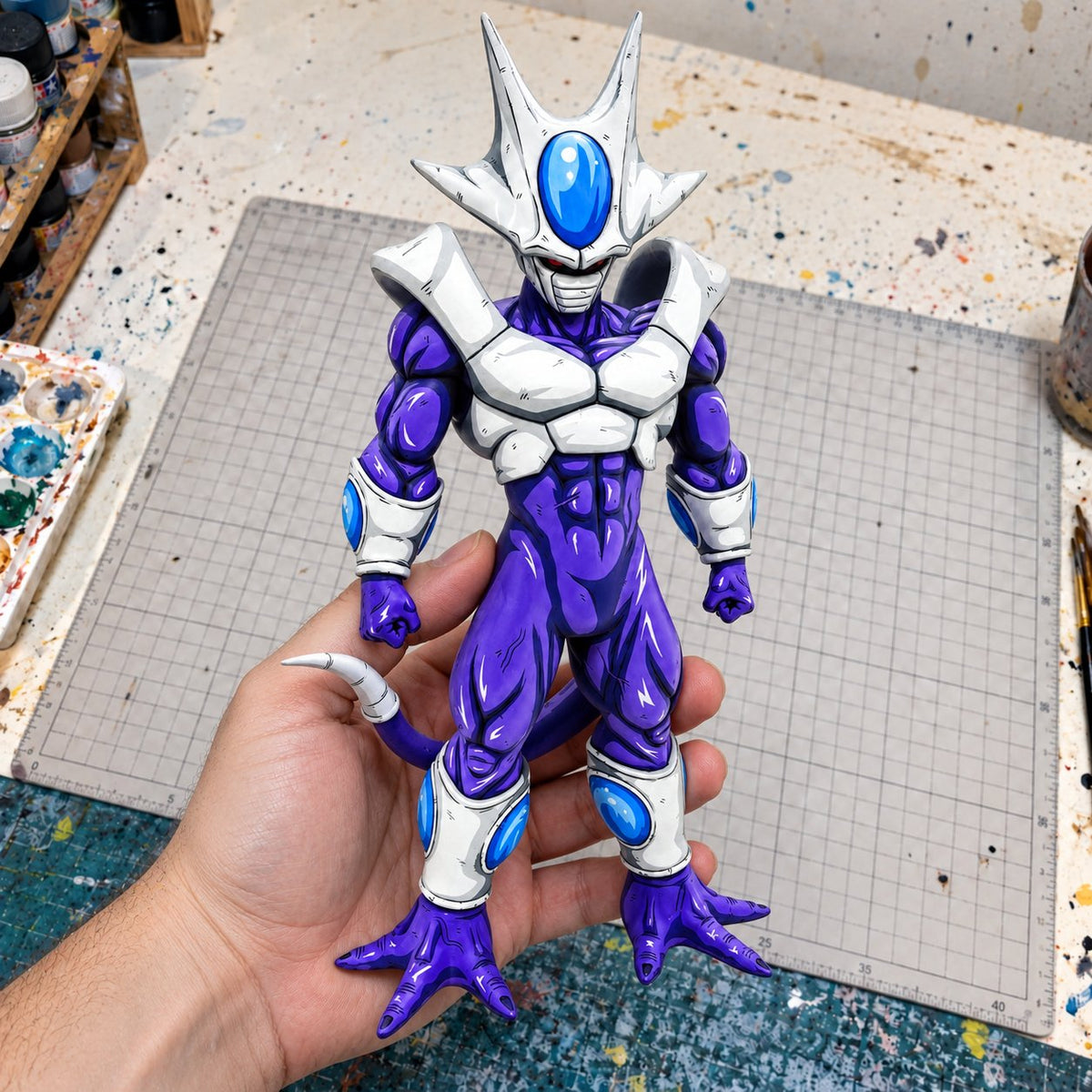 Cooler Final Form 2D Anime Colour Figure Repaint — painted figure in a miniature painting workshop