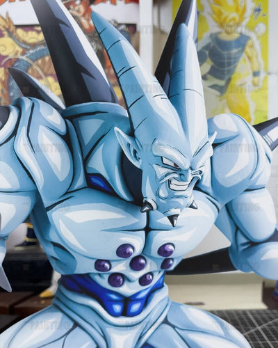 A close-up of a highly detailed anime collectible figure, depicting a muscular blue character with sharp black horns and purple gem accents on the chest, set against a blurred background of posters.