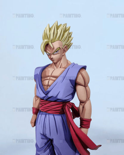 Action figure with spiky blonde hair and muscular build against a light blue background