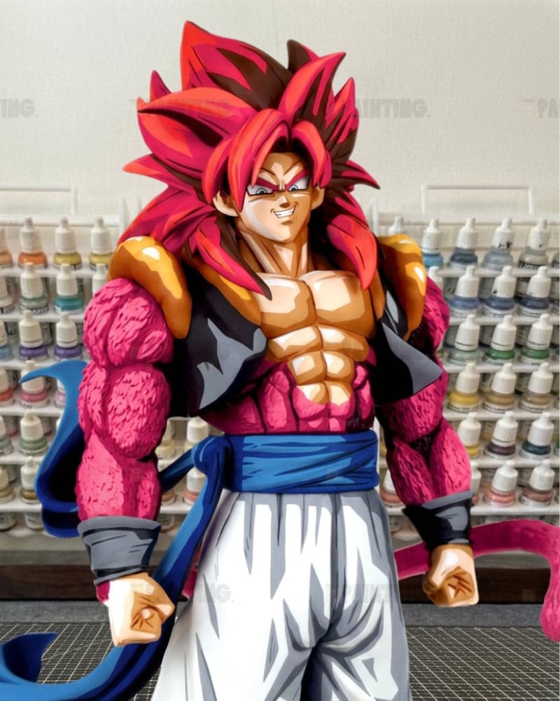A stylized anime character with bright pink spiky hair, a muscular torso, and a blue sash, standing in front of shelves filled with small bottles in a workshop-like setting.