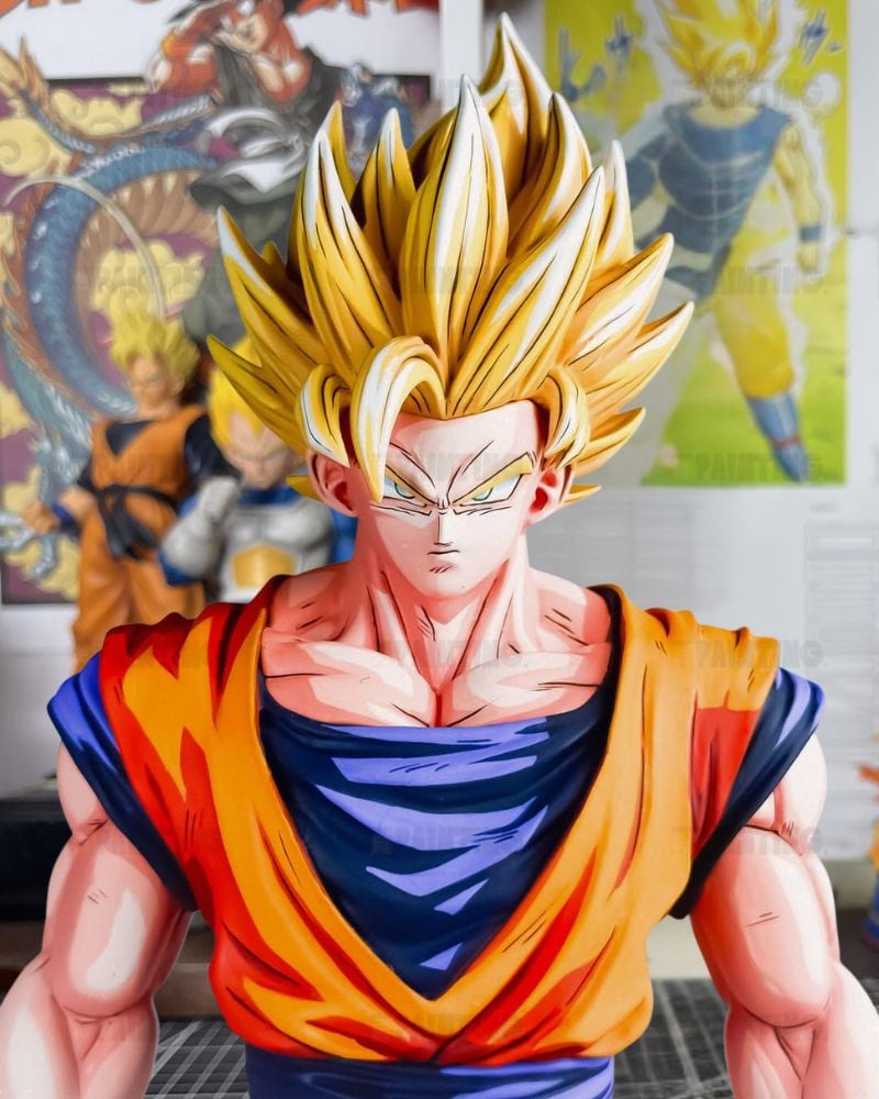 A detailed collectible figurine of Goku in his Super Saiyan form, featuring spiky golden hair and an orange and blue outfit, set against a blurred background of Dragon Ball posters.