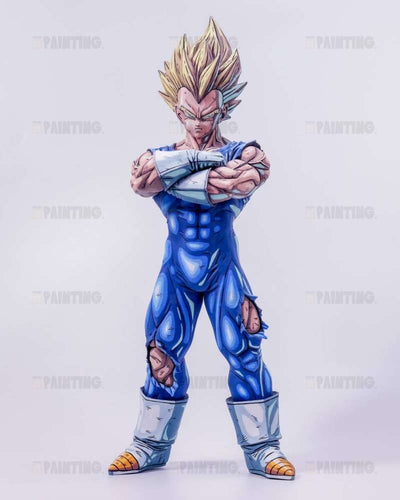 A detailed collectible figurine of Vegeta from Dragon Ball Z in a Super Saiyan form, wearing a torn blue gi with silver boots and gloves, standing with arms crossed against a light gray background.
