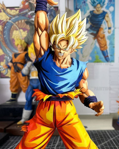 A detailed collectible figurine of Goku in a Super Saiyan pose, wearing his iconic blue and orange gi, set against a blurred background of anime posters and other collectibles.