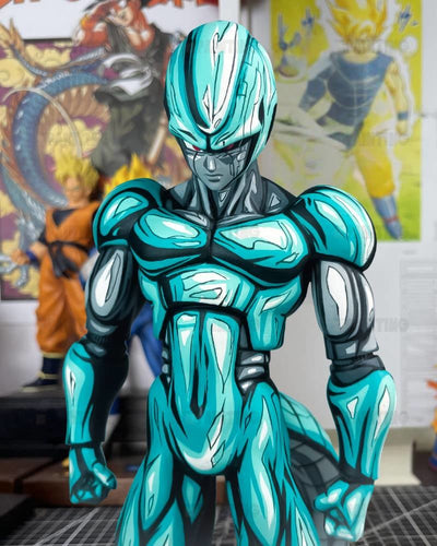 A stylized, digitally illustrated armored character figure in bright cyan and teal with black and gray details, standing in a room with Dragon Ball posters and figurines in the background.