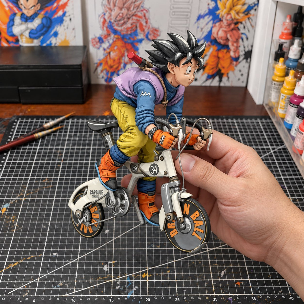 A hand holds a detailed anime figurine of Goku riding a futuristic bicycle on a clear acrylic stand. The figurine features spiky black hair, a blue and purple jacket, yellow pants, and orange boots, set against a blurred indoor background.