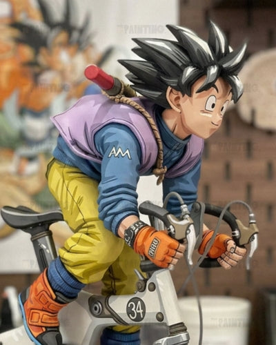 Anime-style illustration of a character riding a bicycle indoors, wearing a blue and purple top, yellow pants, orange gloves, and orange boots, with a blurred room background.
