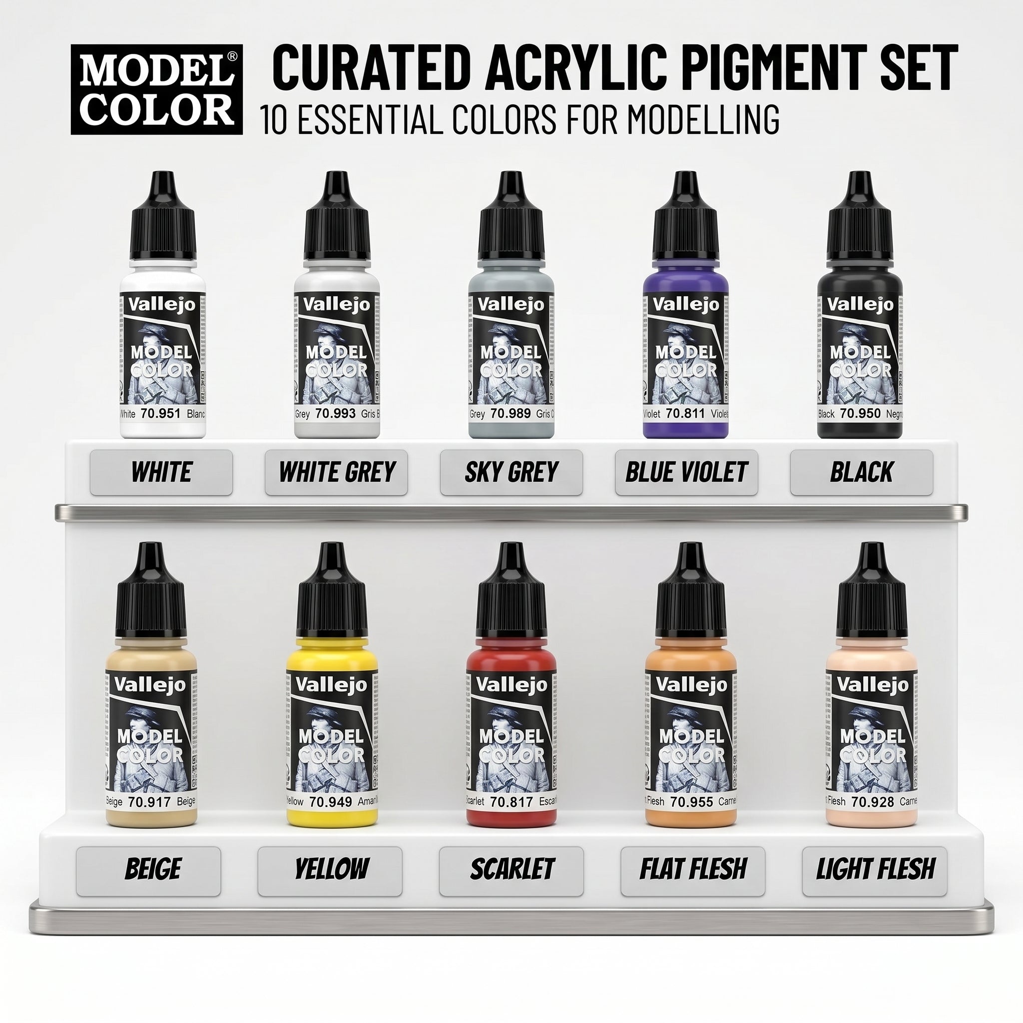 Vallejo Model Color acrylic pigment bottles on a display stand with labels.