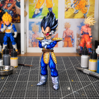 Hand-painted Prince Vegeta figure — workshop setting