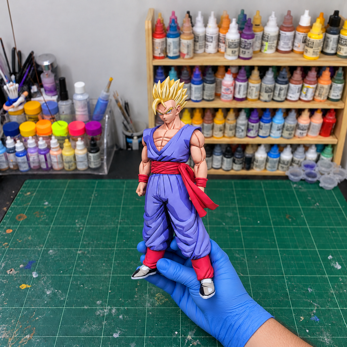 Gohan SSJ Purple Gi — hand-painted figure in artist workshop