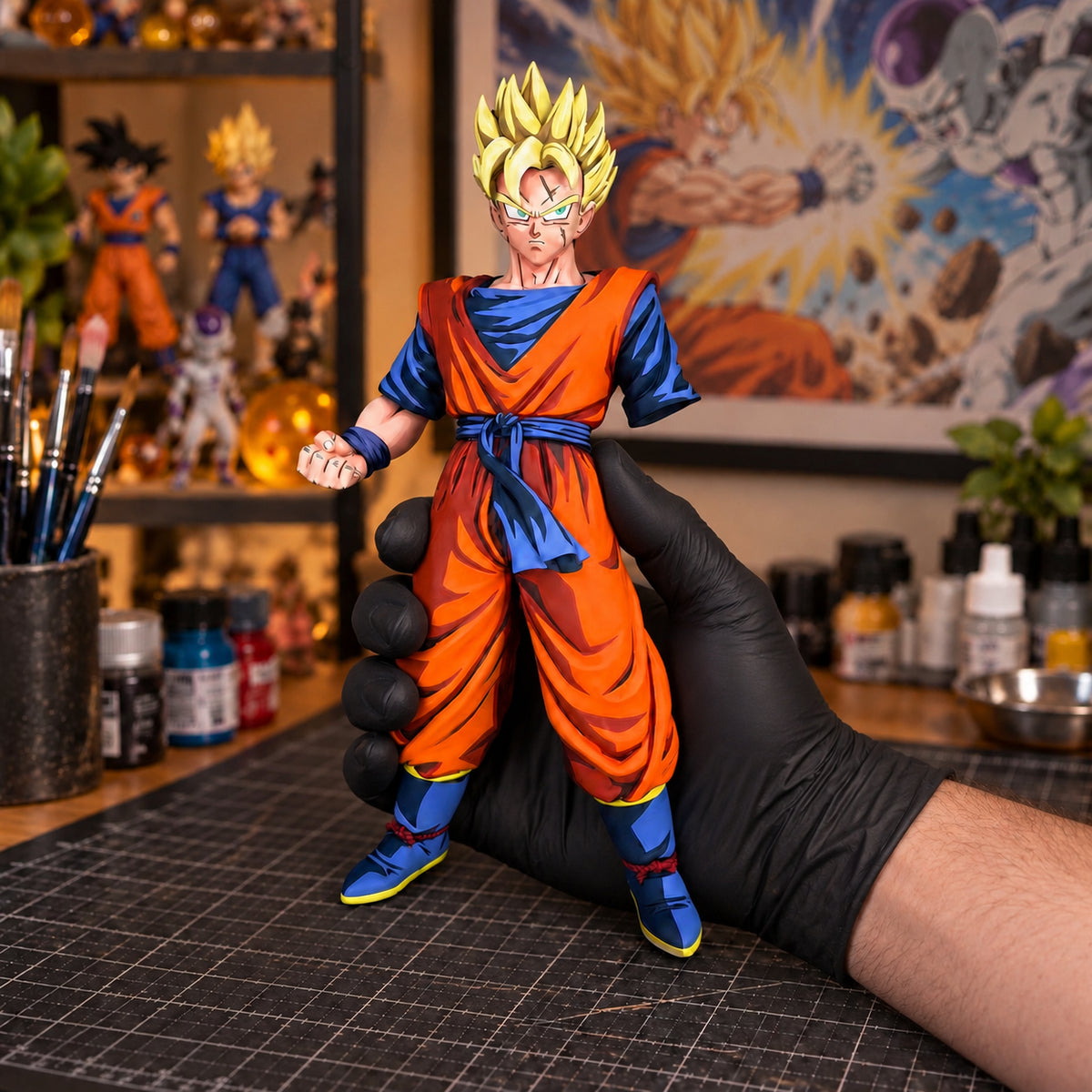 DBZ Duel To The Future Son Gohan Figure Repaint — held securely in one gloved hand in the workshop