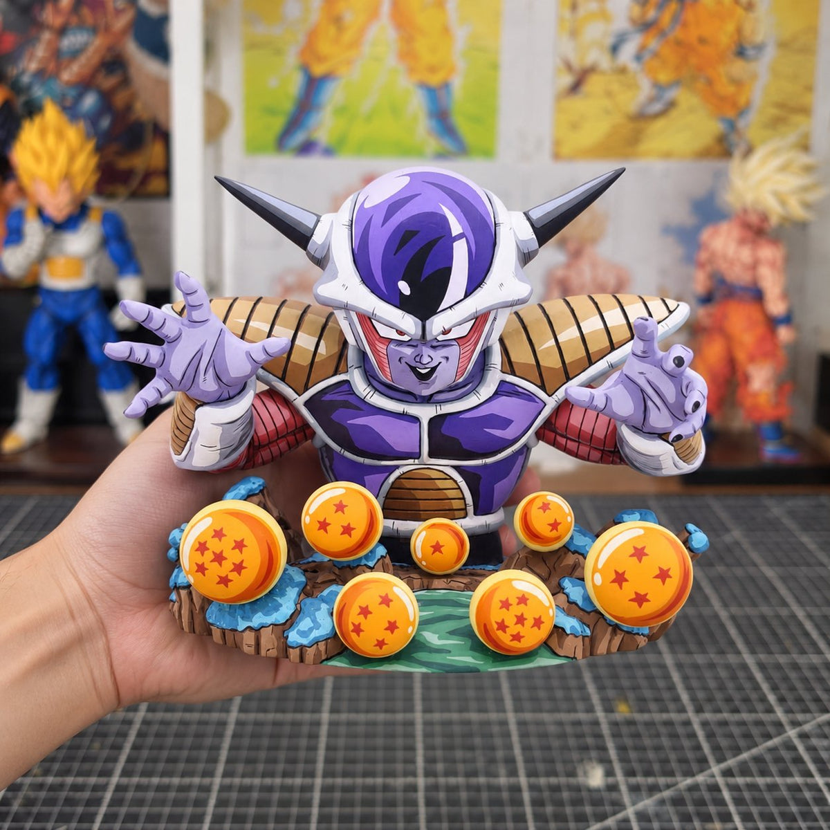 Dragon Ball Frieza Diorama Figure Repaint — painted figure in a miniature painting workshop