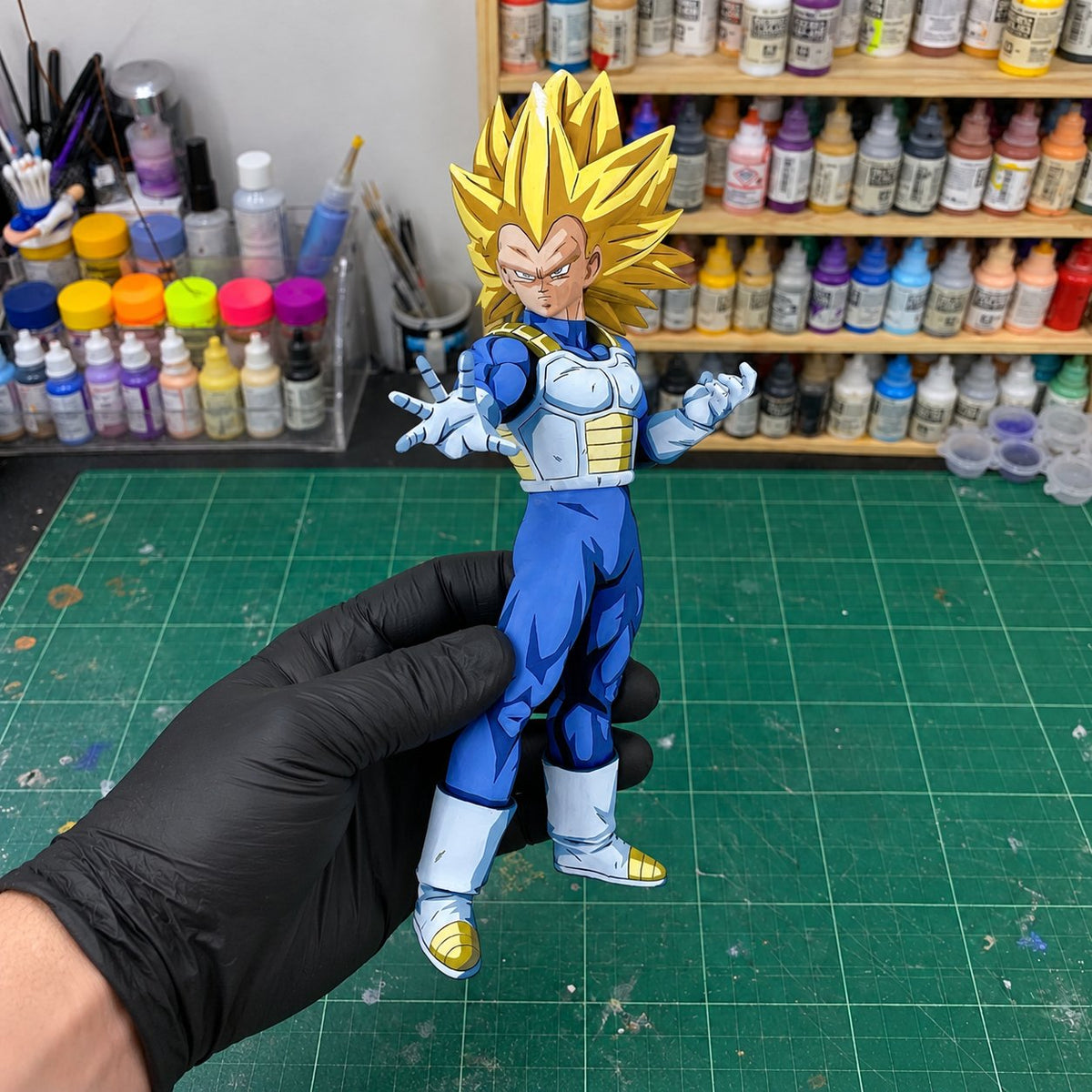 Dragon Ball SSJ Vegeta Anime Figure Repaint — painted figure in a miniature painting workshop