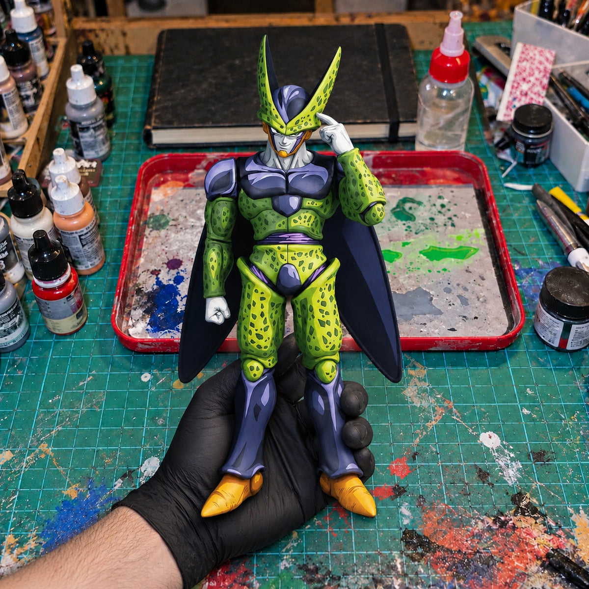 Comic Colour Dragon Ball Perfect Cell Masterlise Figure Repaint — held securely in one gloved hand in the workshop